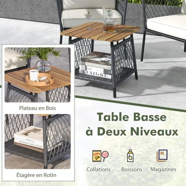 Ensemble 3 Pièces Salon en Rotin avec Table Basse à 2 Niveaux Accoudoirs et Plateau de Table en Bois d'Acacia Coussins de Siège Blanc