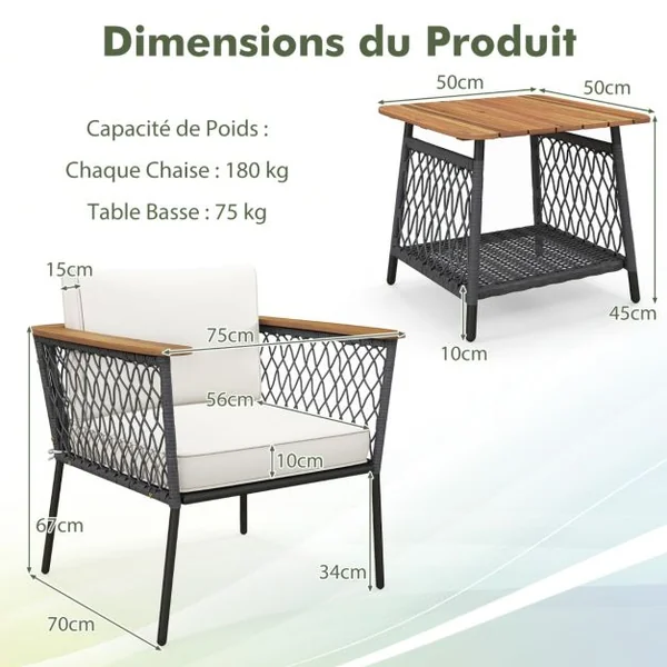 Ensemble 3 Pièces Salon en Rotin avec Table Basse à 2 Niveaux Accoudoirs et Plateau de Table en Bois d'Acacia Coussins de Siège Blanc