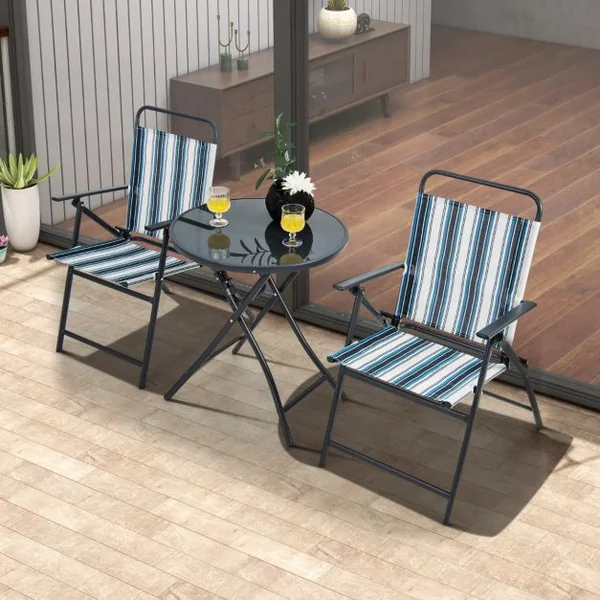 Ensemble 3pcs Table et Chaises de Salle à Manger Pliantes en Métal Robuste Portable Extérieur Patio Bleu