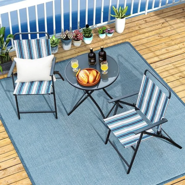Ensemble 3pcs Table et Chaises de Salle à Manger Pliantes en Métal Robuste Portable Extérieur Patio Bleu