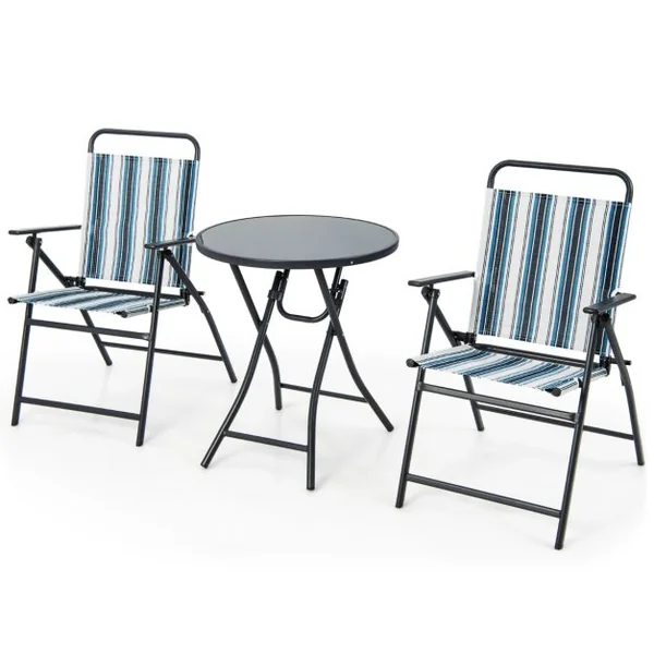 Ensemble 3pcs Table et Chaises de Salle à Manger Pliantes en Métal Robuste Portable Extérieur Patio Bleu