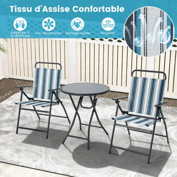 Ensemble 3pcs Table et Chaises de Salle à Manger Pliantes en Métal Robuste Portable Extérieur Patio Bleu