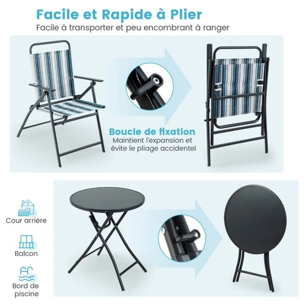 Ensemble 3pcs Table et Chaises de Salle à Manger Pliantes en Métal Robuste Portable Extérieur Patio Bleu