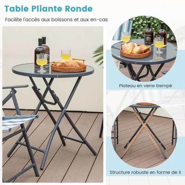 Ensemble 3pcs Table et Chaises de Salle à Manger Pliantes en Métal Robuste Portable Extérieur Patio Bleu