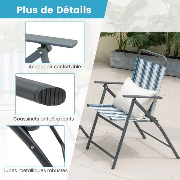 Ensemble 3pcs Table et Chaises de Salle à Manger Pliantes en Métal Robuste Portable Extérieur Patio Bleu