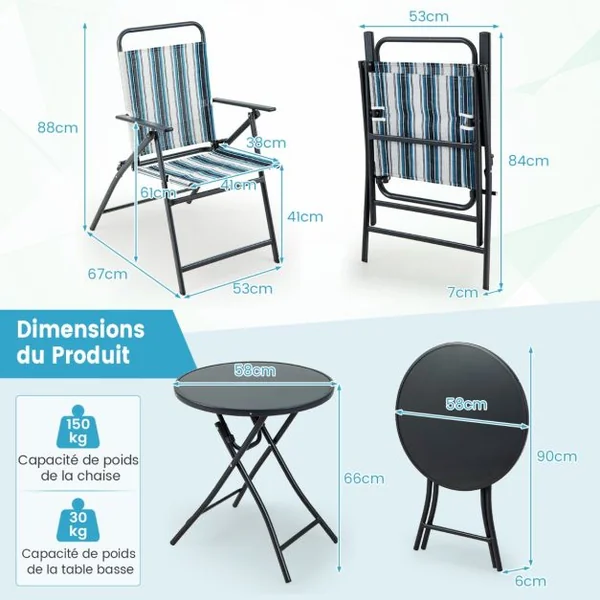 Ensemble 3pcs Table et Chaises de Salle à Manger Pliantes en Métal Robuste Portable Extérieur Patio Bleu