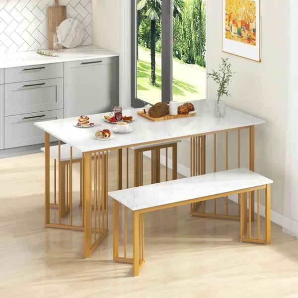Ensemble 4 Pièces Table Rectangulaire avec Banc et 2 Tabourets Ensemble de Table Moderne avec Pieds en Métal en Forme d'Aile