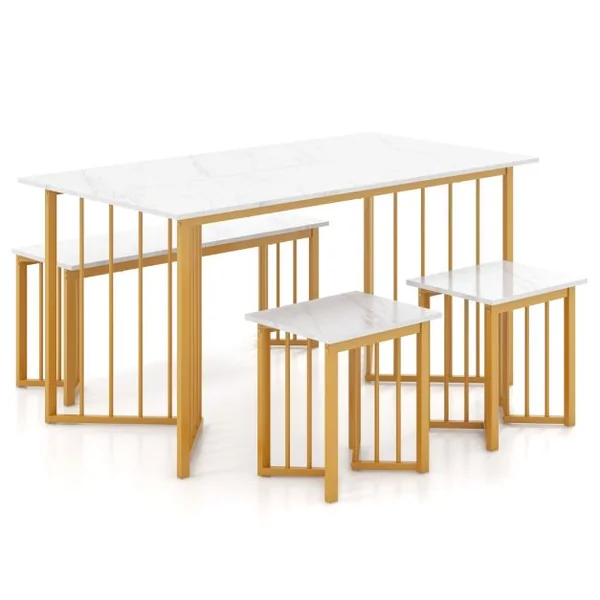Ensemble 4 Pièces Table Rectangulaire avec Banc et 2 Tabourets Ensemble de Table Moderne avec Pieds en Métal en Forme d'Aile