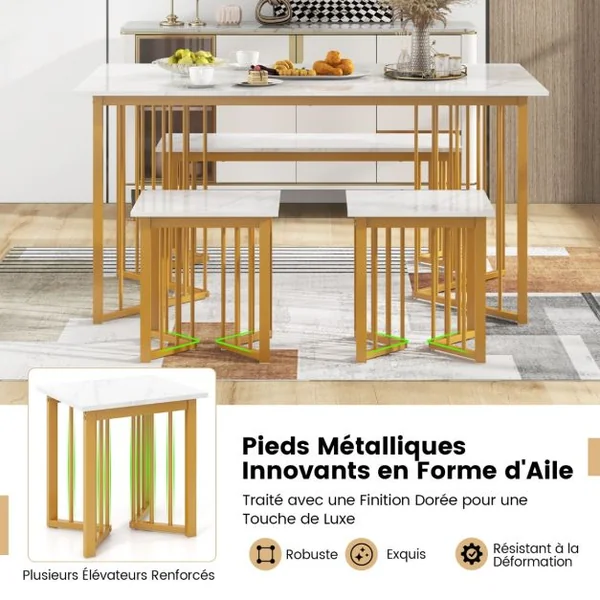 Ensemble 4 Pièces Table Rectangulaire avec Banc et 2 Tabourets Ensemble de Table Moderne avec Pieds en Métal en Forme d'Aile