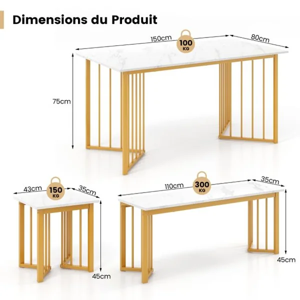 Ensemble 4 Pièces Table Rectangulaire avec Banc et 2 Tabourets Ensemble de Table Moderne avec Pieds en Métal en Forme d'Aile