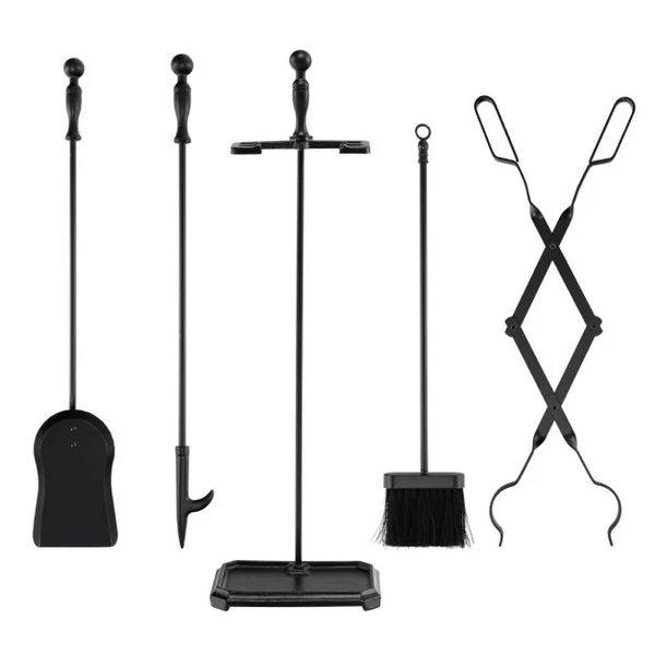 Ensemble 5 Pièces Serviteur de Cheminée avec Pince Brosse Pelle Tisonnier Support avec 4 Crochets en Fer Revêtement Noir