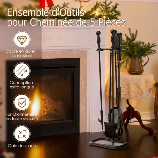 Ensemble 5 Pièces Serviteur de Cheminée avec Pince Brosse Pelle Tisonnier Support avec 4 Crochets en Fer Revêtement Noir