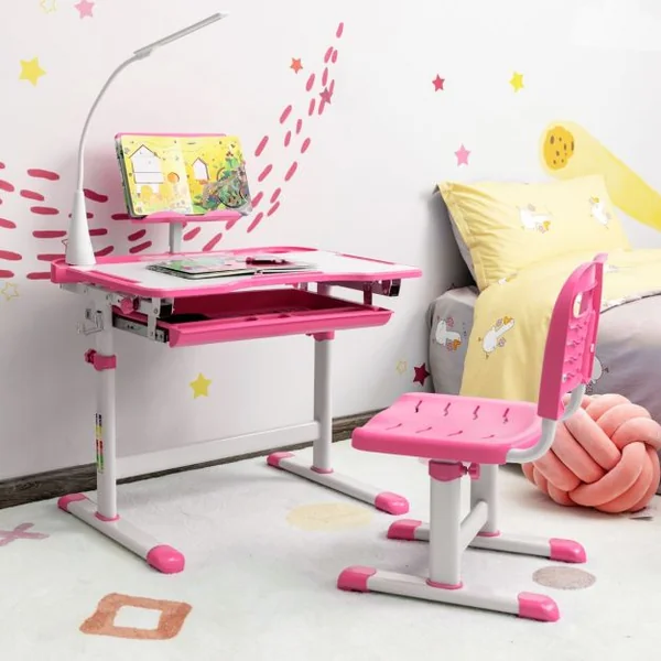 Ensemble Bureau et Chaise pour Enfants avec Éclairage LED Plateau Incliné et Tiroir Coulissant Réglable en Hauteur Rose/Bleu/Gris