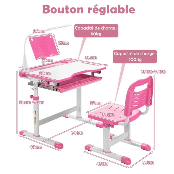 Ensemble Bureau et Chaise pour Enfants avec Éclairage LED Plateau Incliné et Tiroir Coulissant Réglable en Hauteur Rose/Bleu/Gris