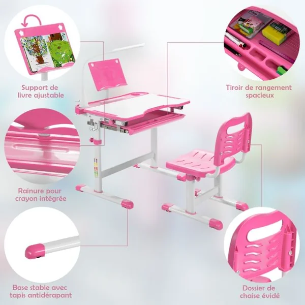 Ensemble Bureau et Chaise pour Enfants avec Éclairage LED Plateau Incliné et Tiroir Coulissant Réglable en Hauteur Rose/Bleu/Gris
