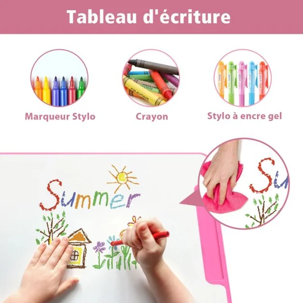 Ensemble Bureau et Chaise pour Enfants avec Éclairage LED Plateau Incliné et Tiroir Coulissant Réglable en Hauteur Rose/Bleu/Gris