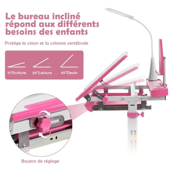 Ensemble Bureau et Chaise pour Enfants avec Éclairage LED Plateau Incliné et Tiroir Coulissant Réglable en Hauteur Rose/Bleu/Gris
