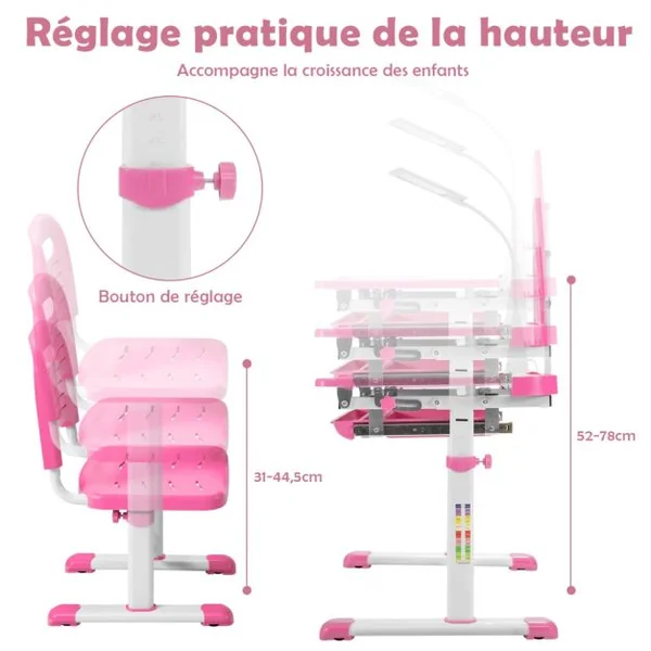 Ensemble Bureau et Chaise pour Enfants avec Éclairage LED Plateau Incliné et Tiroir Coulissant Réglable en Hauteur Rose/Bleu/Gris