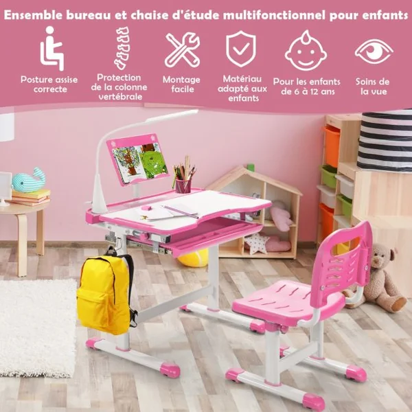 Ensemble Bureau et Chaise pour Enfants avec Éclairage LED Plateau Incliné et Tiroir Coulissant Réglable en Hauteur Rose/Bleu/Gris