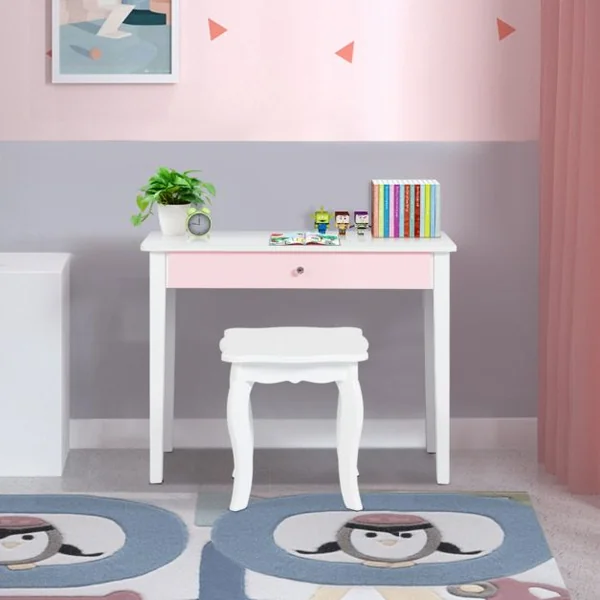 Ensemble Coiffeuse et Chaise avec Miroir Pliable pour Enfants Table et Tabouret de Maquillage de Style Princesse Blanc et Rose/Blanc