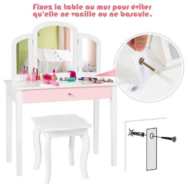 Ensemble Coiffeuse et Chaise avec Miroir Pliable pour Enfants Table et Tabouret de Maquillage de Style Princesse Blanc et Rose/Blanc