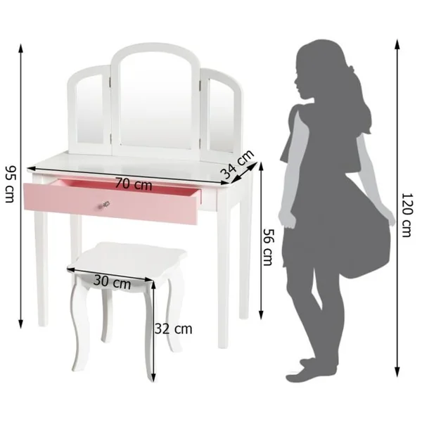 Ensemble Coiffeuse et Chaise avec Miroir Pliable pour Enfants Table et Tabouret de Maquillage de Style Princesse Blanc et Rose/Blanc
