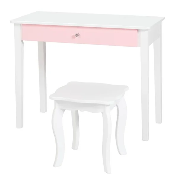 Ensemble Coiffeuse et Chaise avec Miroir Pliable pour Enfants Table et Tabouret de Maquillage de Style Princesse Blanc et Rose/Blanc