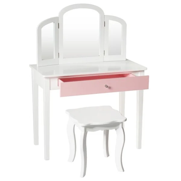 Ensemble Coiffeuse et Chaise avec Miroir Pliable pour Enfants Table et Tabouret de Maquillage de Style Princesse Blanc et Rose/Blanc
