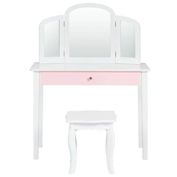 Ensemble Coiffeuse et Chaise avec Miroir Pliable pour Enfants Table et Tabouret de Maquillage de Style Princesse Blanc et Rose/Blanc