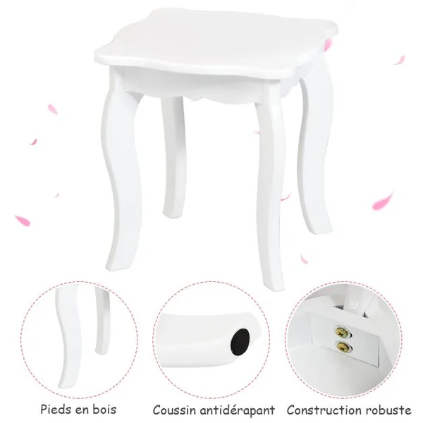 Ensemble Coiffeuse et Chaise avec Miroir Pliable pour Enfants Table et Tabouret de Maquillage de Style Princesse Blanc et Rose/Blanc