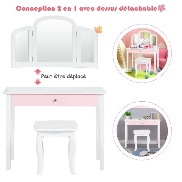 Ensemble Coiffeuse et Chaise avec Miroir Pliable pour Enfants Table et Tabouret de Maquillage de Style Princesse Blanc et Rose/Blanc