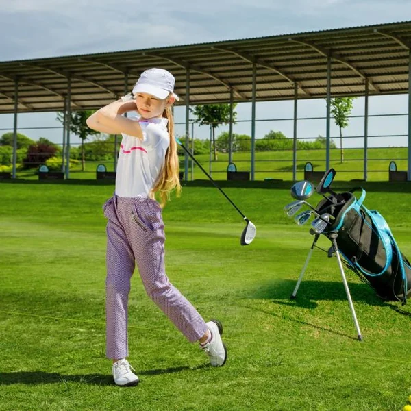 Ensemble Complet de Clubs de Golf Junior pour Enfants de 11 à 13 Ans Driver #1 Hybride #5 Fers #7 #9 #S et Putter Sac Trépied avec Capuche Anti-pluie Rose
