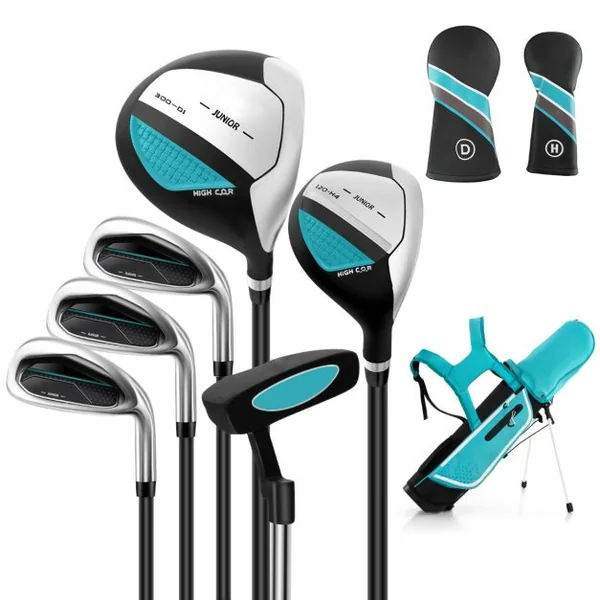 Ensemble Complet de Clubs de Golf Junior pour Enfants de 11 à 13 Ans Driver #1 Hybride #5 Fers #7 #9 #S et Putter Sac Trépied avec Capuche Anti-pluie Rose
