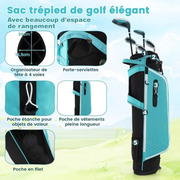 Ensemble Complet de Clubs de Golf Junior pour Enfants de 11 à 13 Ans Driver #1 Hybride #5 Fers #7 #9 #S et Putter Sac Trépied avec Capuche Anti-pluie Rose
