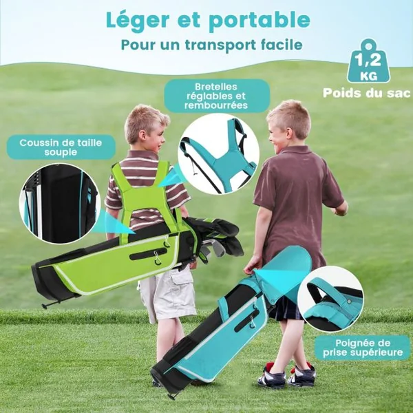 Ensemble Complet de Clubs de Golf Junior pour Enfants de 11 à 13 Ans Driver #1 Hybride #5 Fers #7 #9 #S et Putter Sac Trépied avec Capuche Anti-pluie Rose