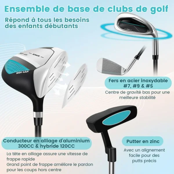 Ensemble Complet de Clubs de Golf Junior pour Enfants de 11 à 13 Ans Driver #1 Hybride #5 Fers #7 #9 #S et Putter Sac Trépied avec Capuche Anti-pluie Rose