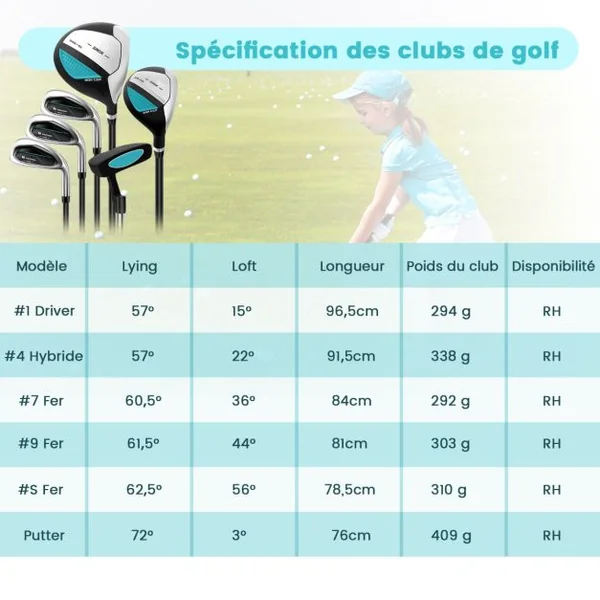 Ensemble Complet de Clubs de Golf Junior pour Enfants de 11 à 13 Ans Driver #1 Hybride #5 Fers #7 #9 #S et Putter Sac Trépied avec Capuche Anti-pluie Rose