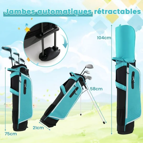 Ensemble Complet de Clubs de Golf Junior pour Enfants de 11 à 13 Ans Driver #1 Hybride #5 Fers #7 #9 #S et Putter Sac Trépied avec Capuche Anti-pluie Rose