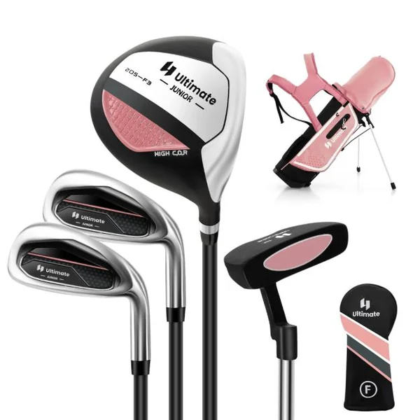 Ensemble Complet de Clubs de Golf Junior pour Enfants gés de 5 à 7 Ans Fairway #3 Fers #7 et #S et Putter Sac Trépied avec Capuche Anti-pluie Vert