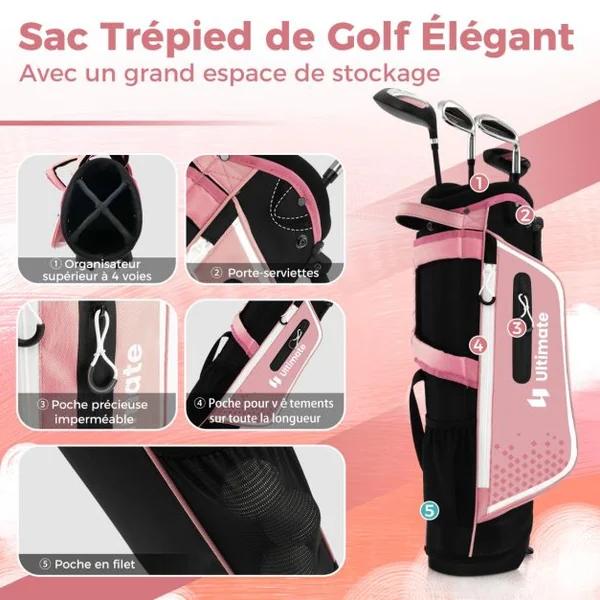 Ensemble Complet de Clubs de Golf Junior pour Enfants gés de 5 à 7 Ans Fairway #3 Fers #7 et #S et Putter Sac Trépied avec Capuche Anti-pluie Vert