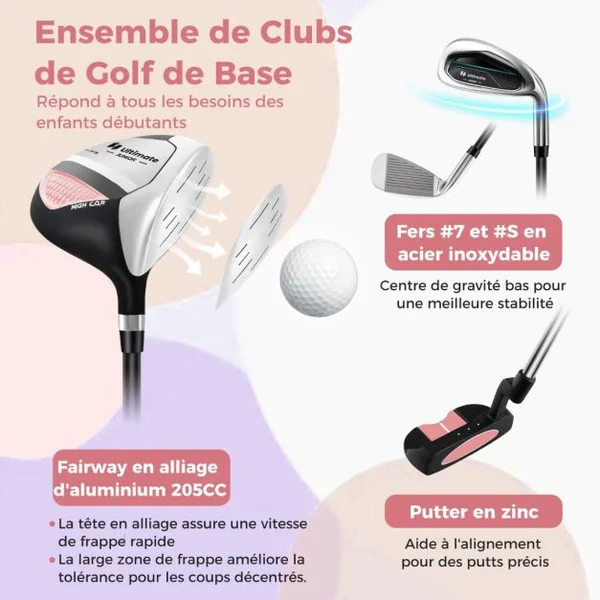 Ensemble Complet de Clubs de Golf Junior pour Enfants gés de 5 à 7 Ans Fairway #3 Fers #7 et #S et Putter Sac Trépied avec Capuche Anti-pluie Vert