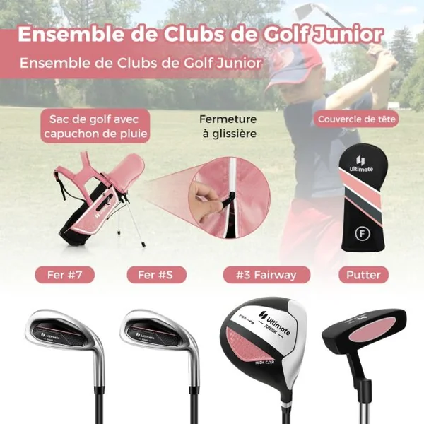 Ensemble Complet de Clubs de Golf Junior pour Enfants gés de 5 à 7 Ans Fairway #3 Fers #7 et #S et Putter Sac Trépied avec Capuche Anti-pluie Vert