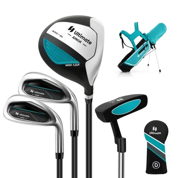 Ensemble Complet de Clubs de Golf Junior pour Enfants gés de 8 à 10 Ans Driver N°1 Fers #7 et #S et Putter Sac Trépied avec Capuche Anti-pluie Vert