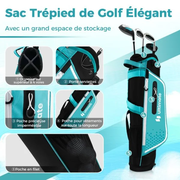 Ensemble Complet de Clubs de Golf Junior pour Enfants gés de 8 à 10 Ans Driver N°1 Fers #7 et #S et Putter Sac Trépied avec Capuche Anti-pluie Vert