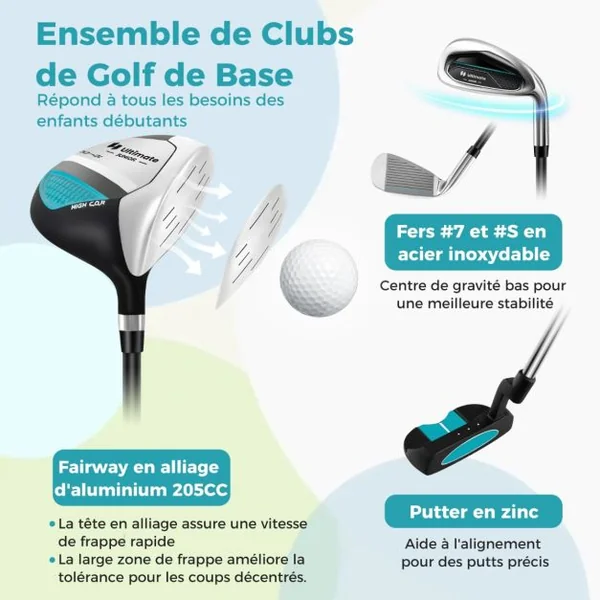 Ensemble Complet de Clubs de Golf Junior pour Enfants gés de 8 à 10 Ans Driver N°1 Fers #7 et #S et Putter Sac Trépied avec Capuche Anti-pluie Vert
