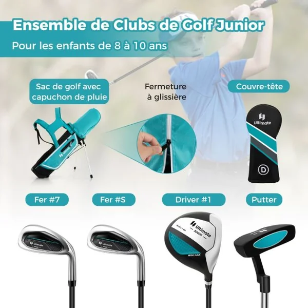 Ensemble Complet de Clubs de Golf Junior pour Enfants gés de 8 à 10 Ans Driver N°1 Fers #7 et #S et Putter Sac Trépied avec Capuche Anti-pluie Vert