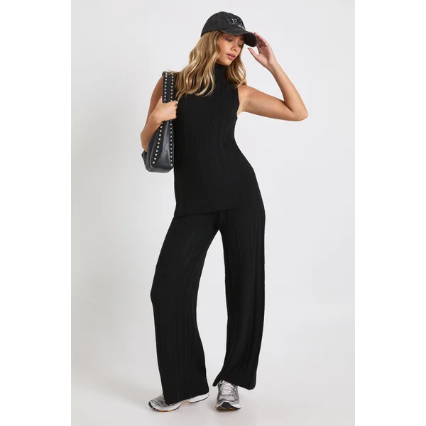 Ensemble Coordonné Synthétiquell Long Sans Manches Col Roulé Et Pantalon Large En Maille Douce