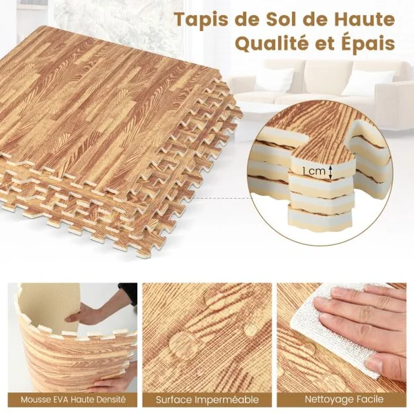 Ensemble de 12 Tapis 4,5 m2 en mousse EVA Motifs de Grain de Bois pour de Gym Sport Tapis Puzzle Fitness 61 x 61 CM