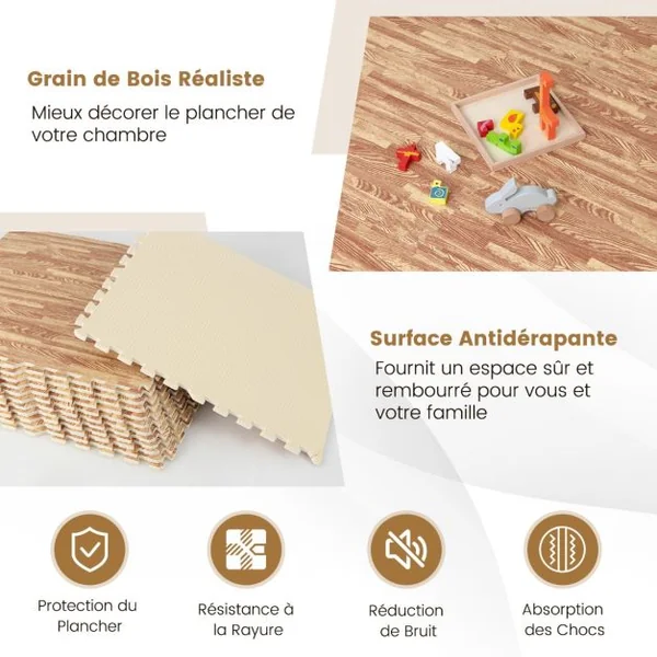 Ensemble de 12 Tapis 4,5 m2 en mousse EVA Motifs de Grain de Bois pour de Gym Sport Tapis Puzzle Fitness 61 x 61 CM