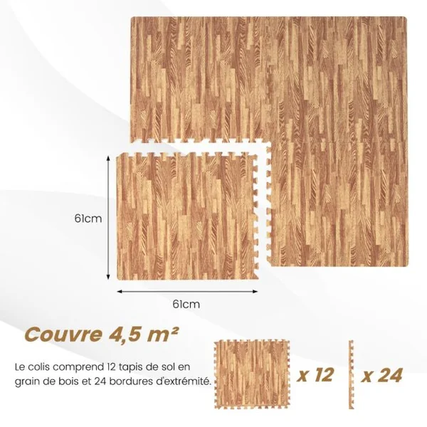 Ensemble de 12 Tapis 4,5 m2 en mousse EVA Motifs de Grain de Bois pour de Gym Sport Tapis Puzzle Fitness 61 x 61 CM